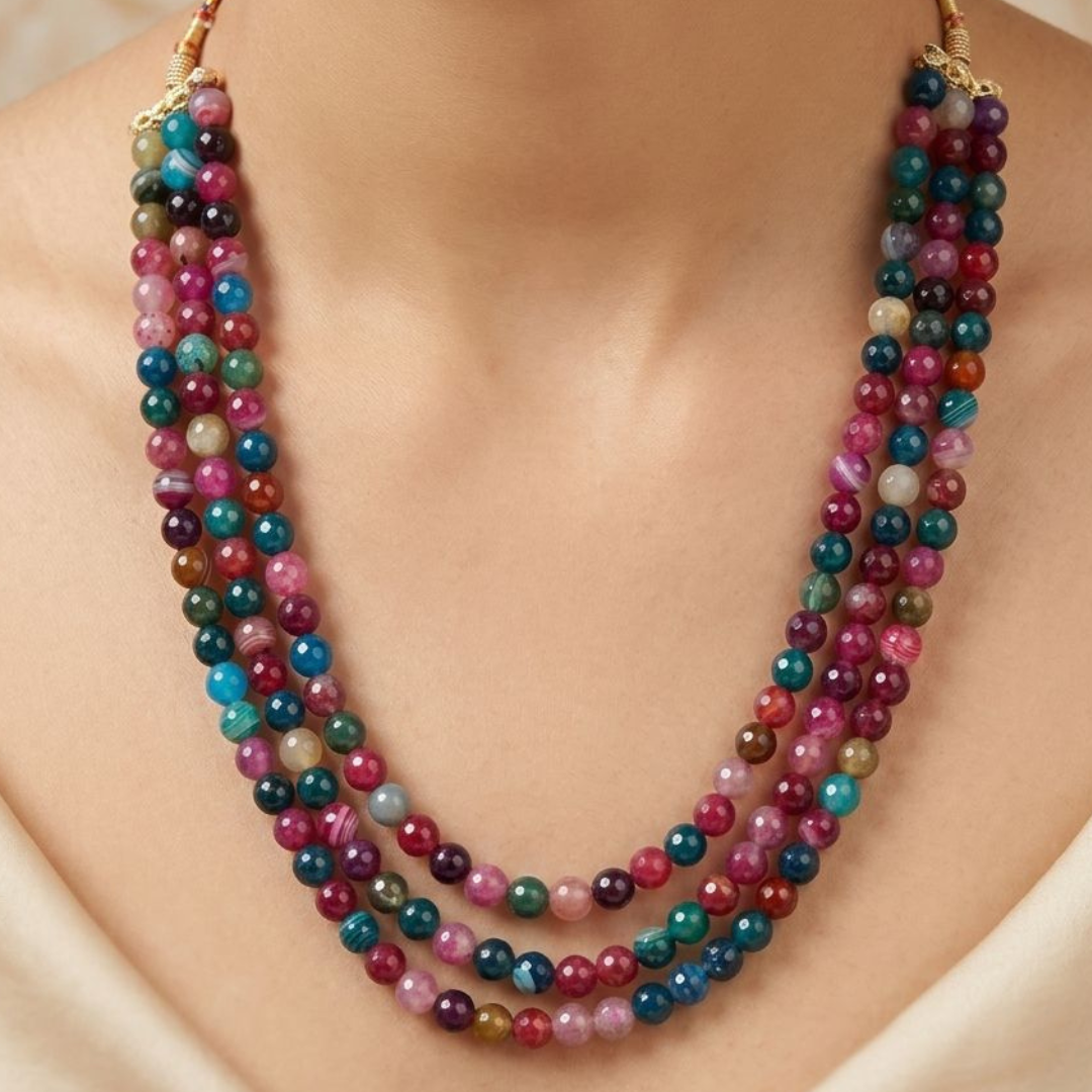 Natural Multi Quartz Gemstone Beads Pumpkin Necklace 3 lines