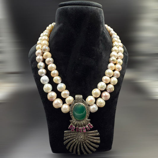 Natural Keshi Pearls Mala with Silver Natural Emerald Pendent And Embedded Rubys