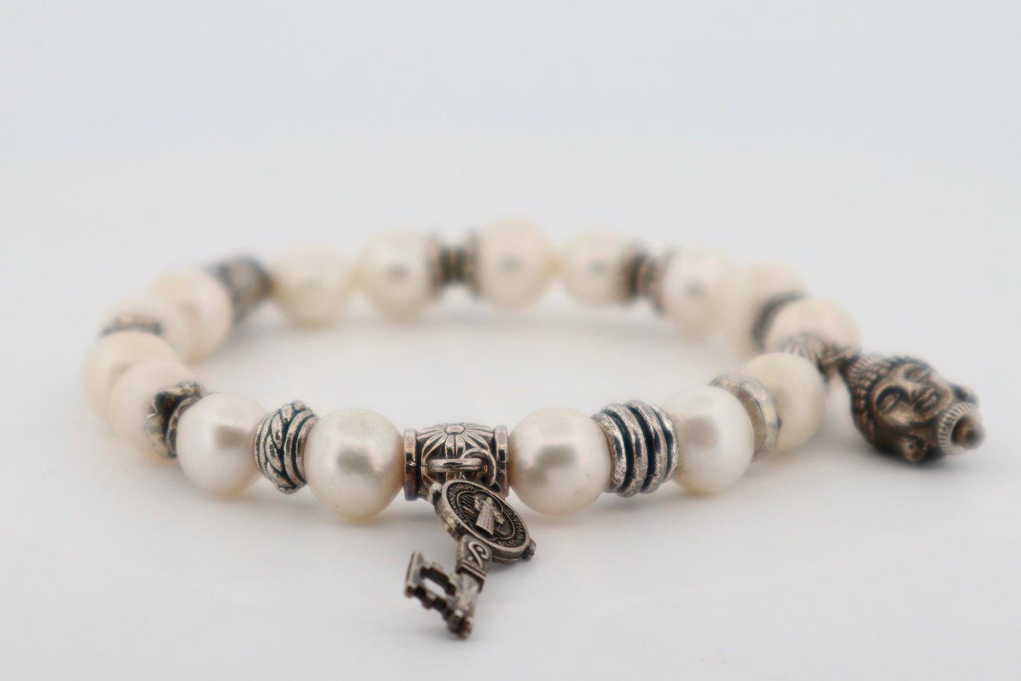 Elegant Pearl Charm Bracelet with Moon, Buddha & Key