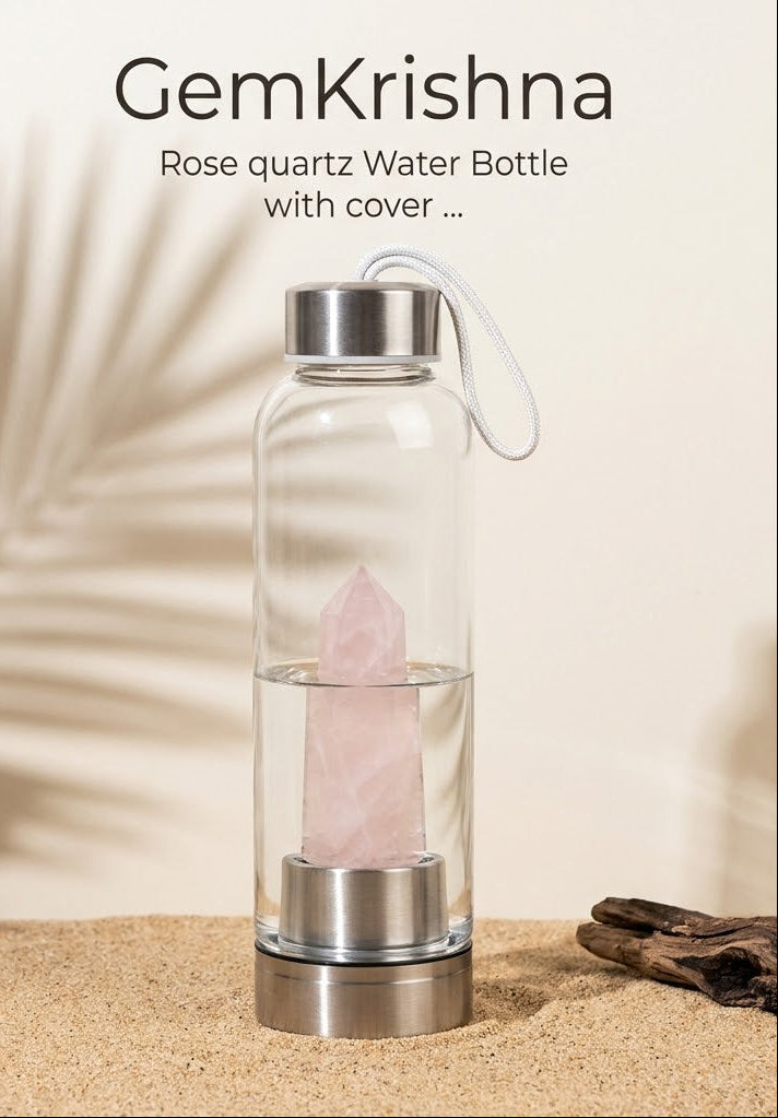 Rose Quartz Crystal WatRose Quartz Crystal Water Bottle with Cover – Natural Rose Quartz Point, Glass & Steel | Lab Certifieder Bottle with Cover – Natural Rose Quartz Point, Glass & Steel | Lab Certified