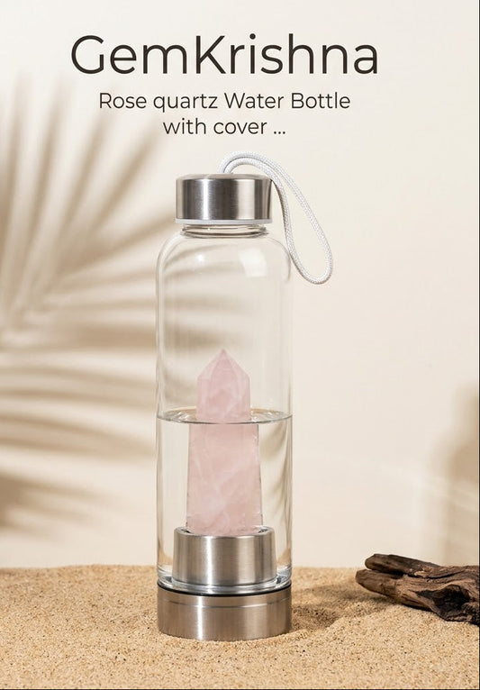 Rose Quartz Crystal WatRose Quartz Crystal Water Bottle with Cover – Natural Rose Quartz Point, Glass & Steel | Lab Certifieder Bottle with Cover – Natural Rose Quartz Point, Glass & Steel | Lab Certified