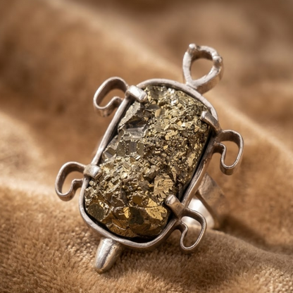 925 Sterling Silver Pyrite Kachua Ring – Natural Raw Pyrite Tortoise Ring