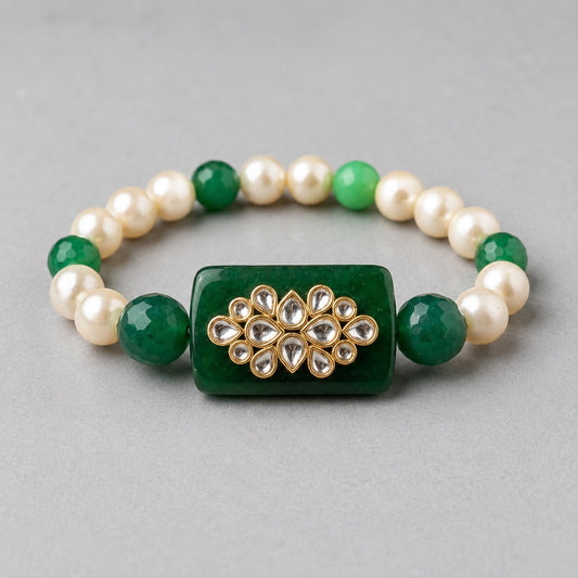 Green Kundan Rakhi with Centrepiece & Natural Gemstone Beads