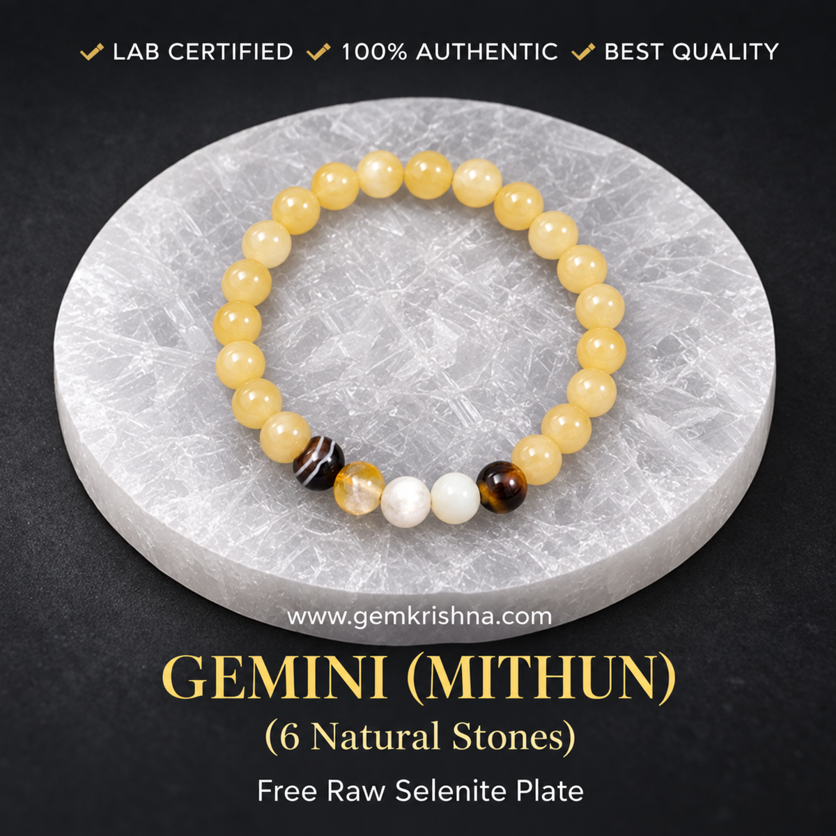 Gemini (Mithun) Zodiac Bracelet – 6 Natural Stones: Calcite, Banded Agate, Citrine, Moonstone, Opal & Tiger Eye