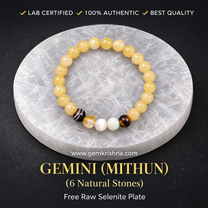 Gemini (Mithun) Zodiac Bracelet – 6 Natural Stones: Calcite, Banded Agate, Citrine, Moonstone, Opal & Tiger Eye