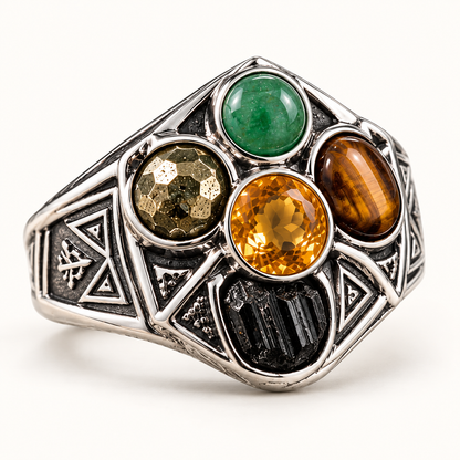 Prosperity & Protection Men’s Ring – 925 Silver with 5 Natural Untreated Stones