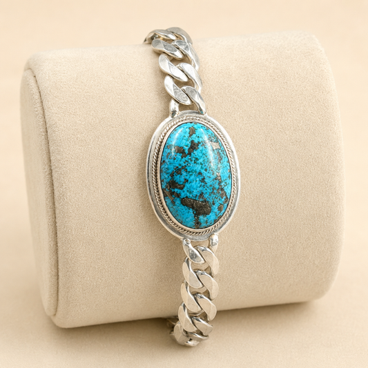 Unisex Matrix Turquoise 925 Sterling Silver Cuban Bracelet (Protection & Confidence) (41.07 Gram)