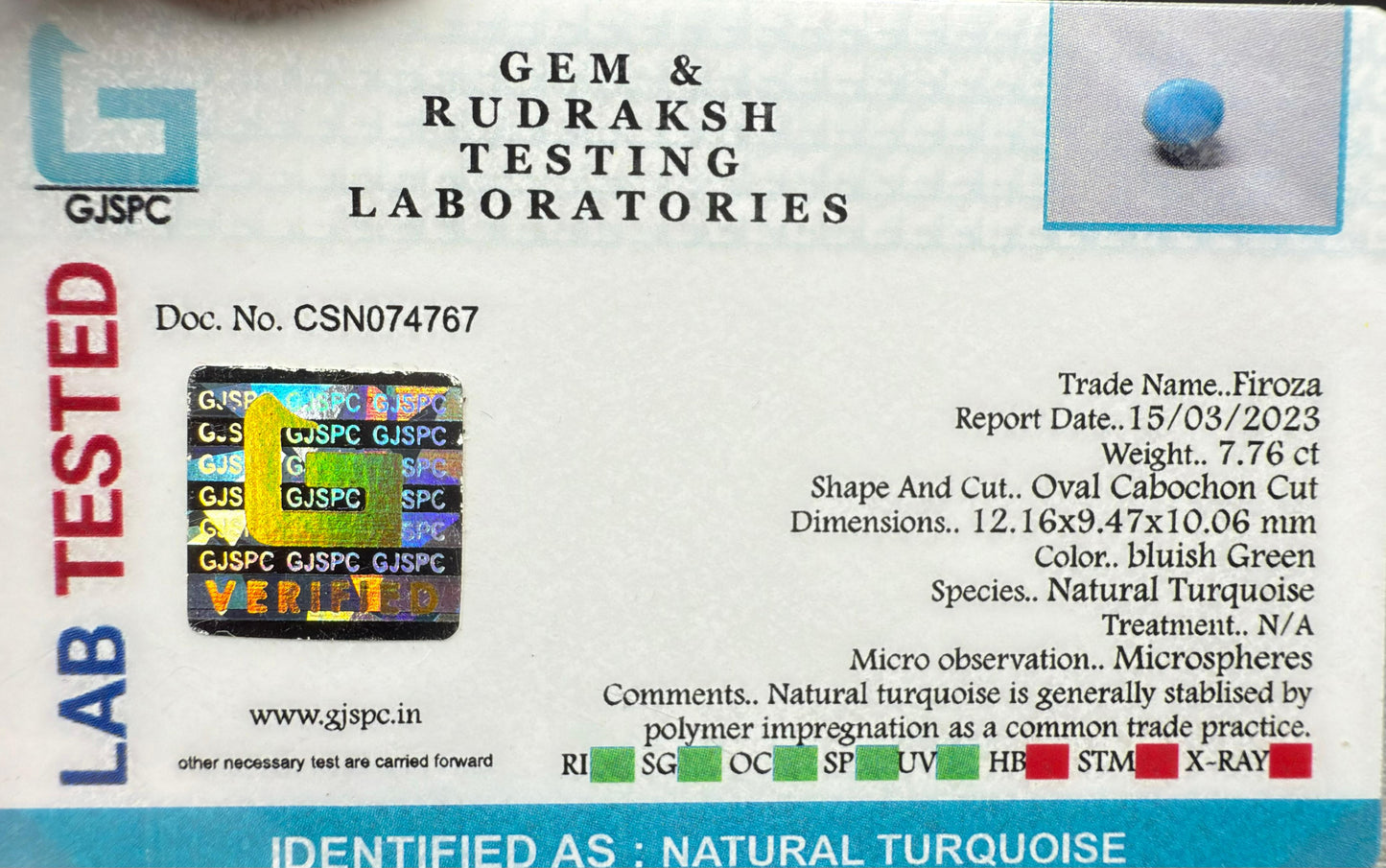 Natural Turquoise 7.76 ct Certificate No. CSN074767