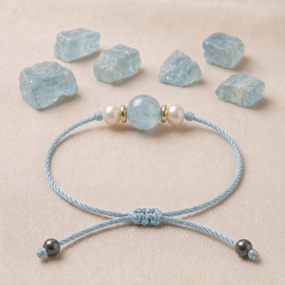 Aquamarine With Pearl Adjustable Thread Bracelet (Calm & Communication)