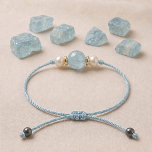 Aquamarine With Pearl Adjustable Thread Bracelet (Calm & Communication)