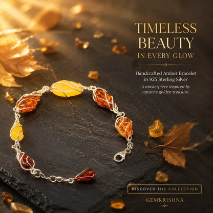 925 Sterling Silver Amber Bracelet (Positivity & Confidence) Each piece is individually secured in an artistic sterling-silver wire setting and joined to create an elegant link bracelet with a lobster clasp, extension chain and Amber drop detail.