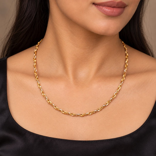 Tri-Tone Gold Plated Italian Braided Hasli Necklace in 925 Sterling Silver – 13 Gram Twisted Chain | SILVY by Poonam Gupta