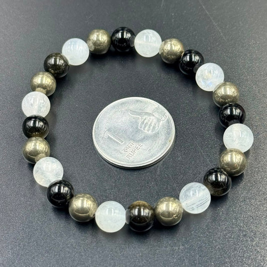 Abundance Shield & Intuition beaded bracelet with pyrite, moonstone, and golden sheen obsidian