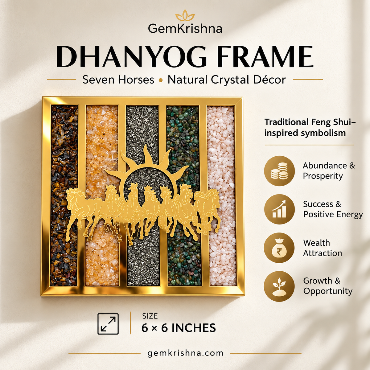 Dhanyog 7 Horses Natural Crystal Frame – Gold-Tone Décor, 6 × 6 Inches