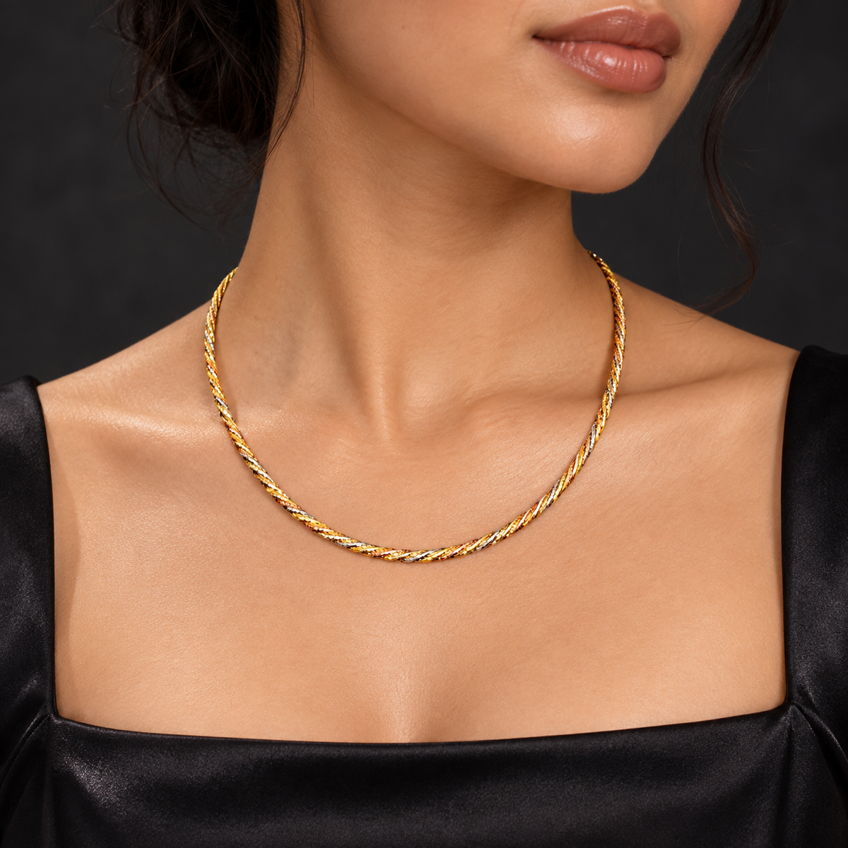 Slim Twisted Tri-Tone Hasli Necklace in 925 Sterling Silver – 18 Gram Rope Collar with Adjustable Clasp | SILVY by Poonam Gupta