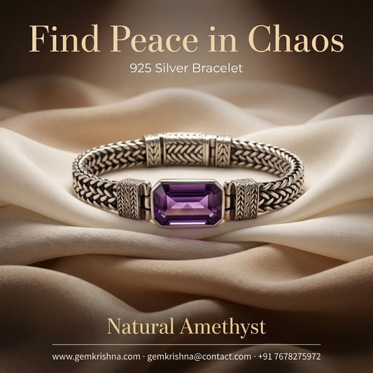 Amethyst 925 silver bracelet with purple gemstone centerpiece on cream fabric