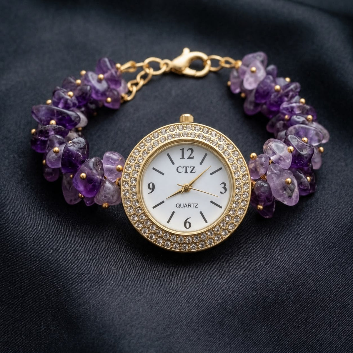 Luxury amethyst quartz wrist watch with gold bezel and purple crystal bead bracelet