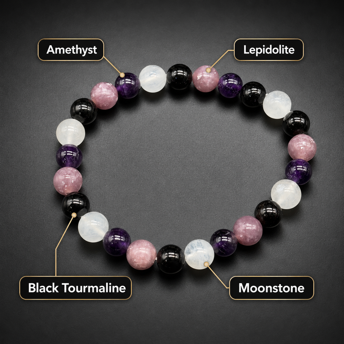 Calm & Protection bracelet with amethyst, lepidolite, black tourmaline and moonstone beads