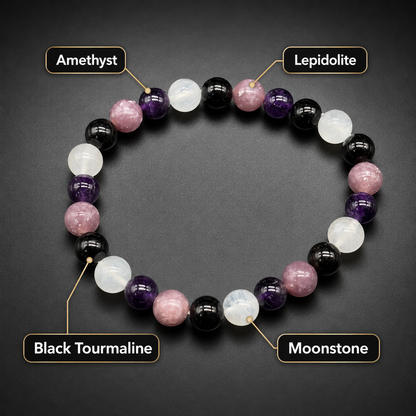 Calm & Protection bracelet with amethyst, lepidolite, black tourmaline and moonstone beads