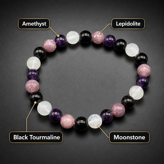 Calm & Protection bracelet with amethyst, lepidolite, black tourmaline and moonstone beads