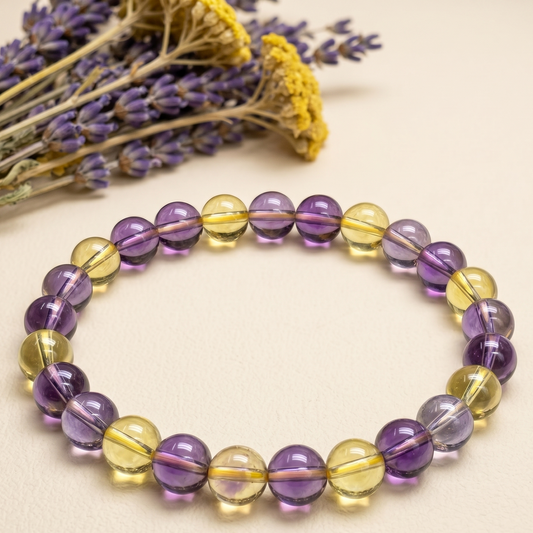 Ametrine bracelet with 8mm citrine and amethyst beads arranged in a circle