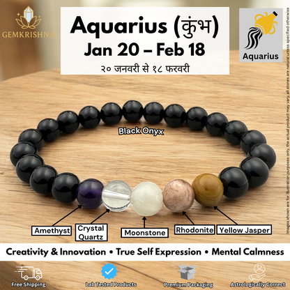 Aquarius bracelet on wooden surface with black onyx beads and labeled gemstone accents