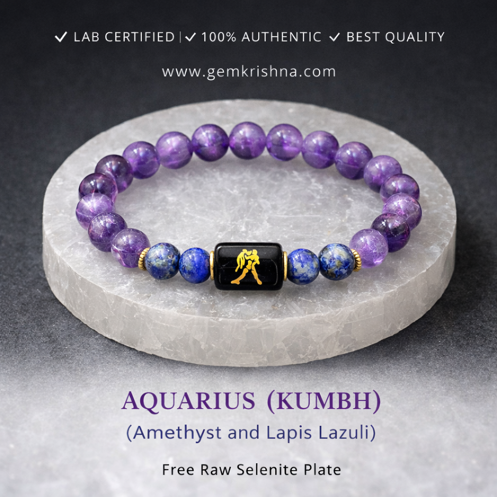 Aquarius zodiac bracelet with amethyst and lapis lazuli beads on raw selenite plate
