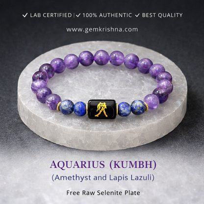 Aquarius zodiac bracelet with amethyst and lapis lazuli beads on raw selenite plate