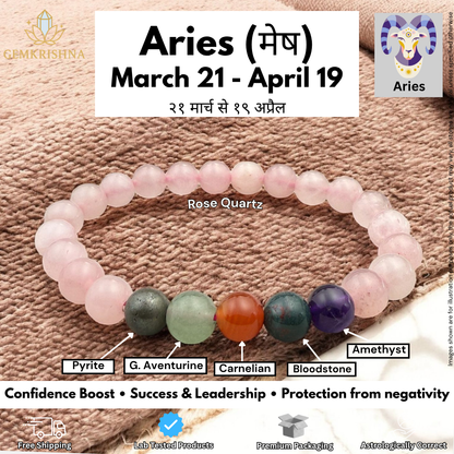 Aries Bracelet (Confidence and Courage) on fabric with gemstone labels including rose quartz