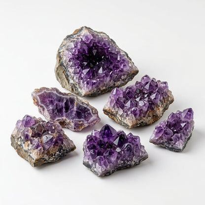 Set of raw amethyst crystal geodes showing purple crystal openings on natural rock bases