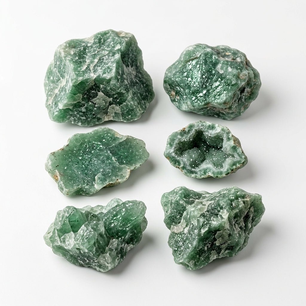 Assorted raw green aventurine crystal chunks showing natural pits and sparkling specks