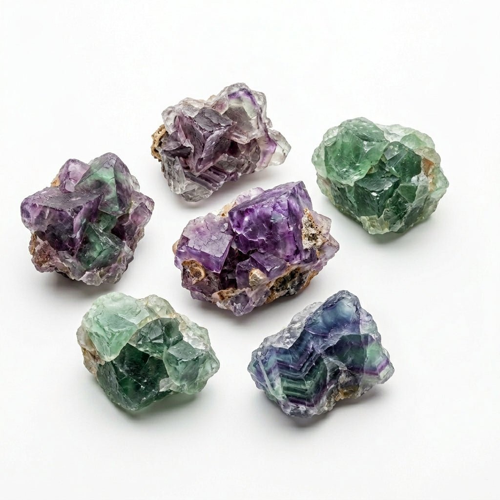 Assorted raw natural fluorite crystal pieces showing purple, green, and blue tones on white