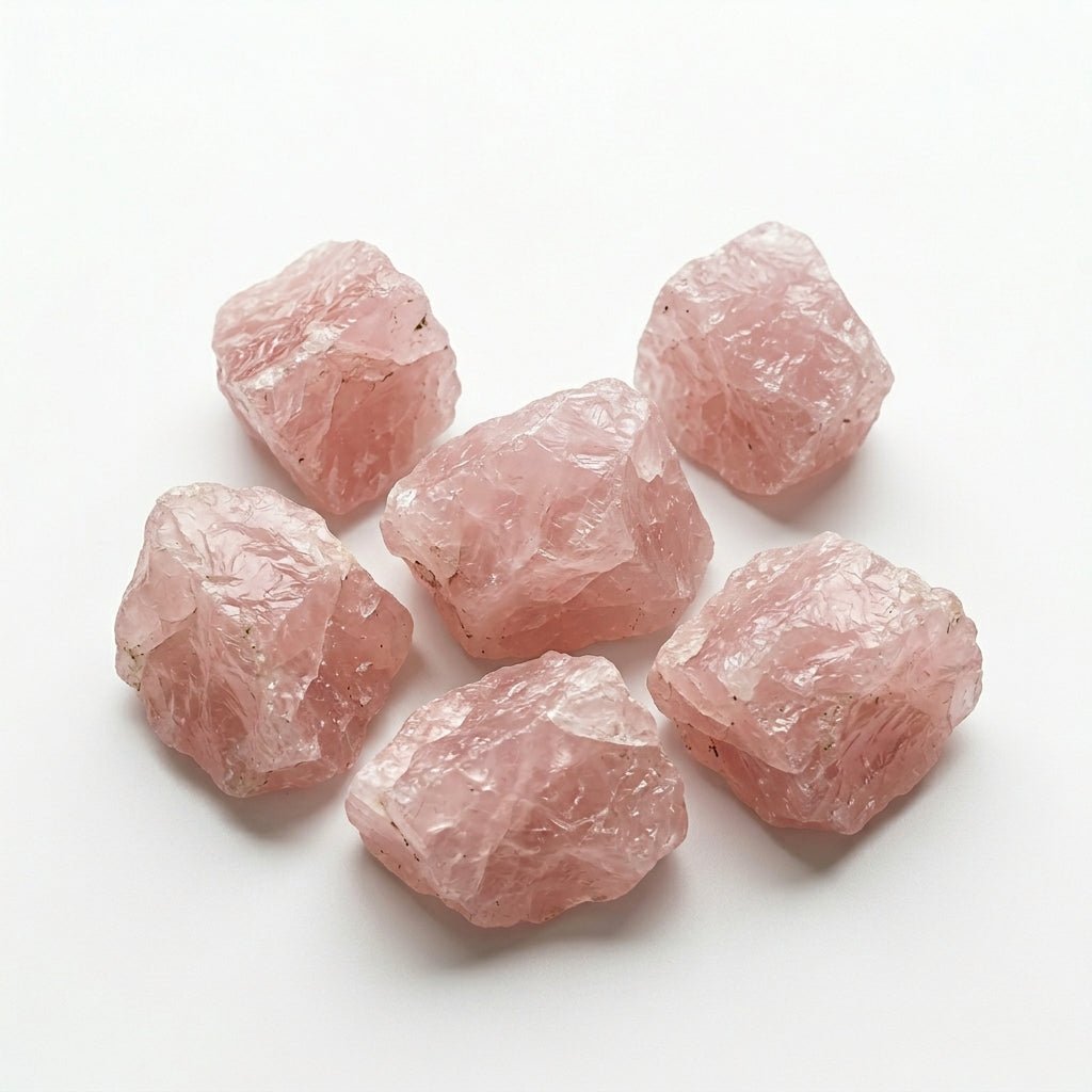 Assorted raw pink rose quartz crystals, natural rough gemstones on white background
