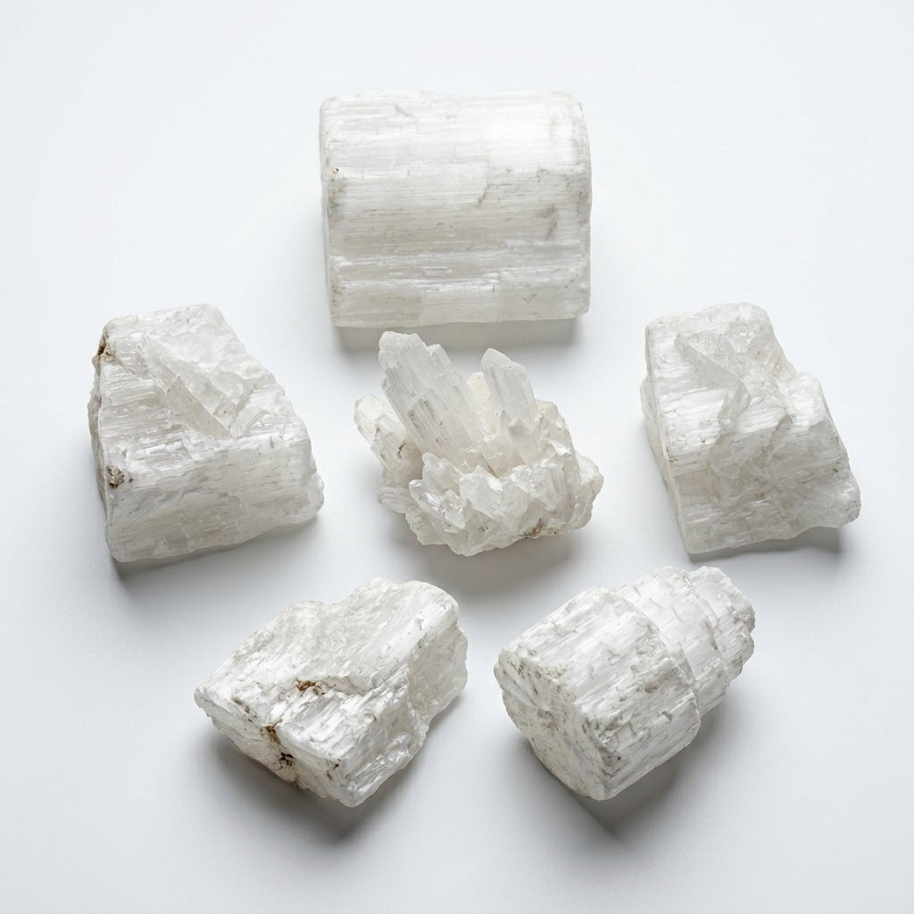 Assorted raw selenite crystal pieces arranged on white background