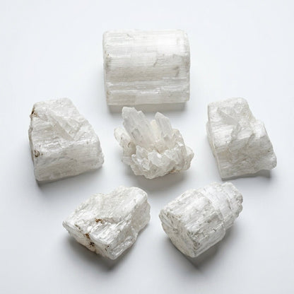 Assorted raw selenite crystal pieces arranged on white background