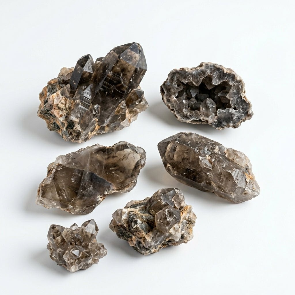 Assorted raw smoky quartz crystals laid out, natural dark smoky quartz rough pieces