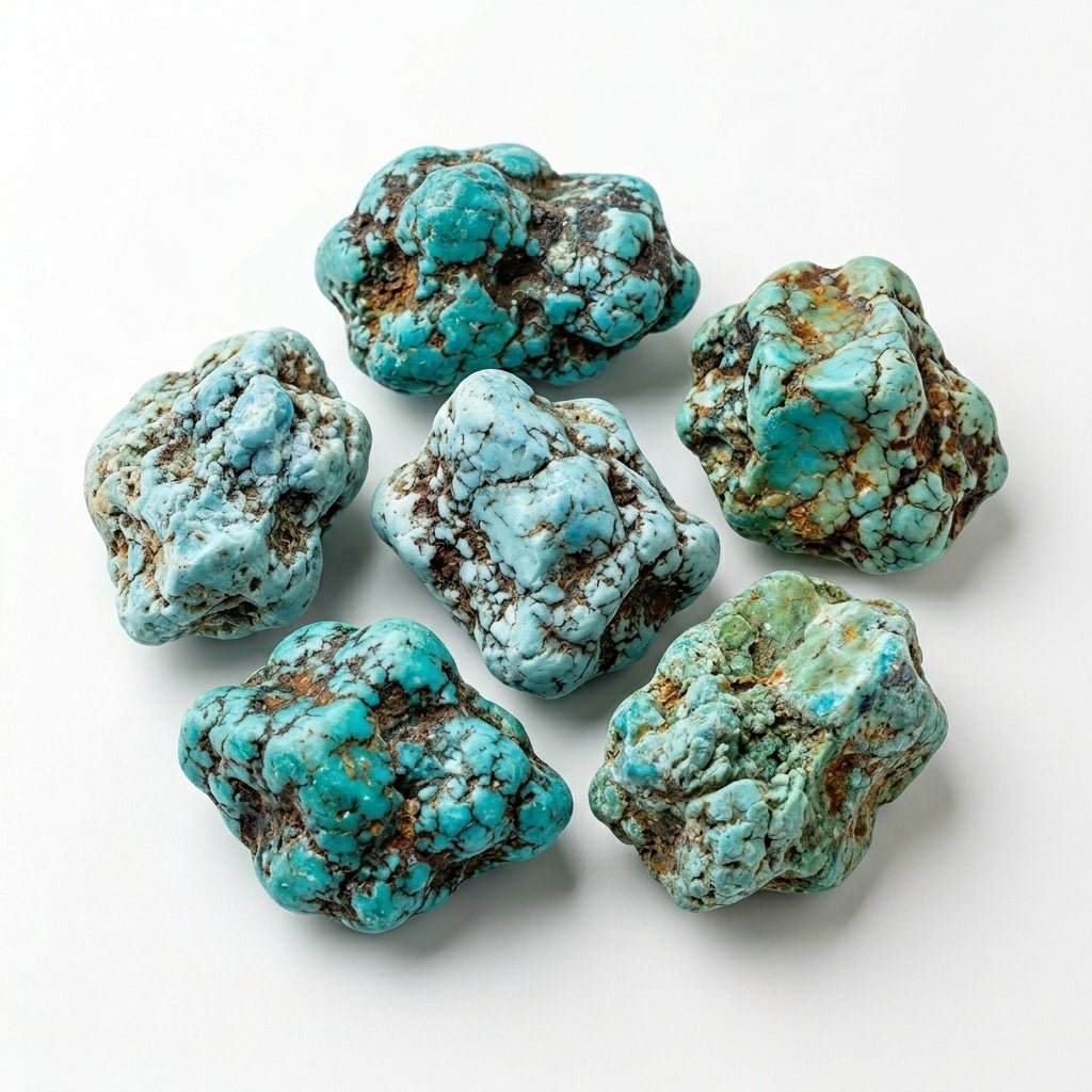 Assorted raw turquoise dyed howlite crystal pieces with blue-green veining on white background
