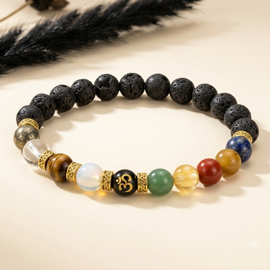 AstroBalance multi gemstone bracelet laid flat with lava beads and gold tone Om centerpiece