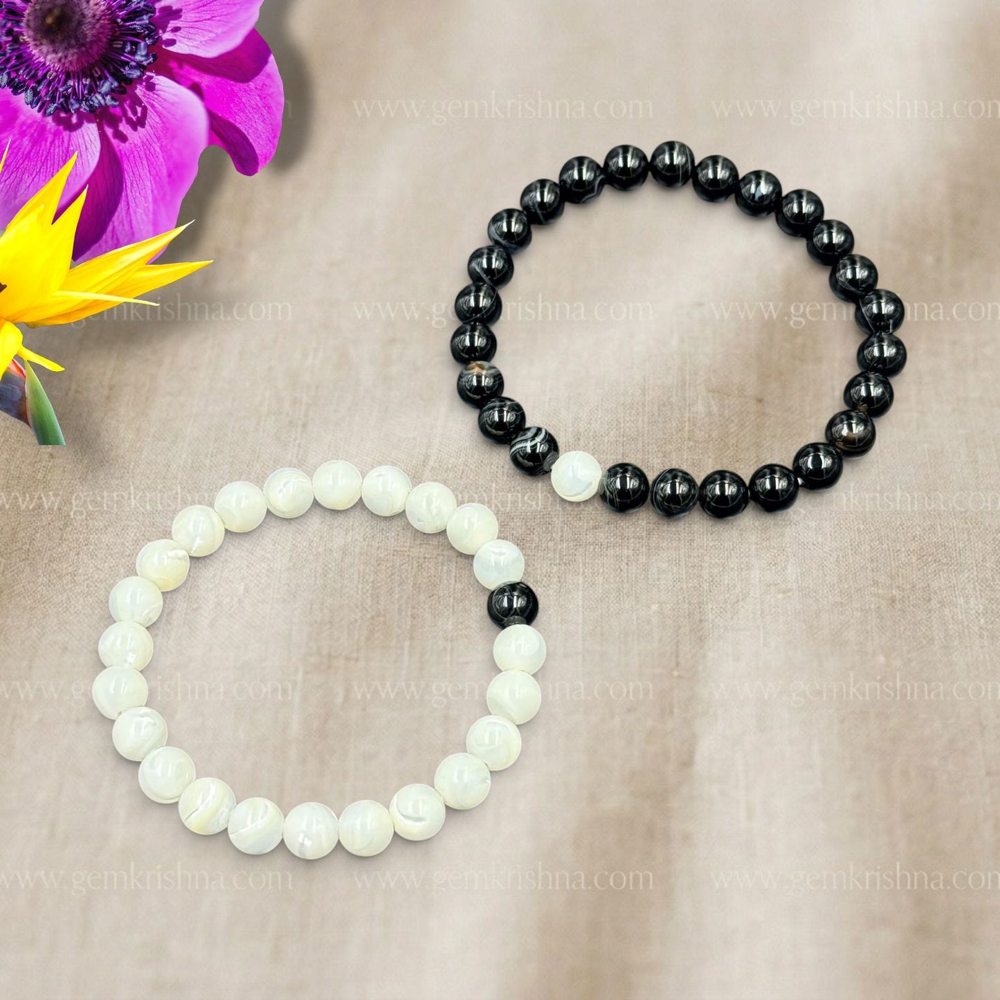 Couple Bracelet Mother of Pearl and Banded Agate (Harmony and Balance)