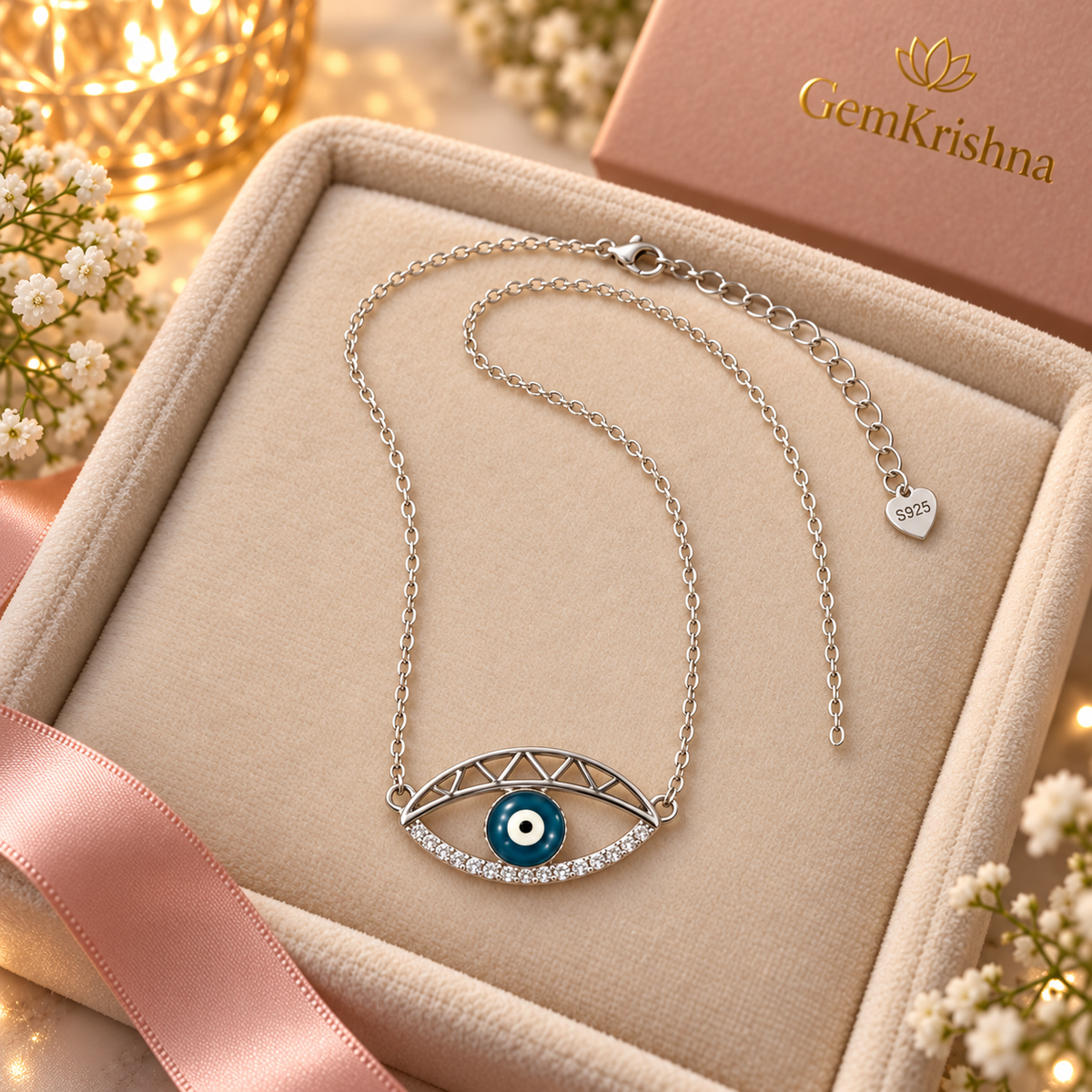 925 Sterling Silver Geometric Nazar Evil Eye Necklace, 3.040 g, for Women