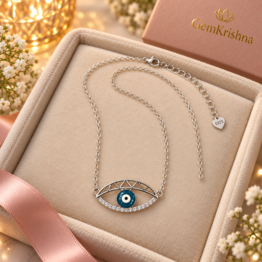 925 Sterling Silver Geometric Nazar Evil Eye Necklace, 3.040 g, for Women