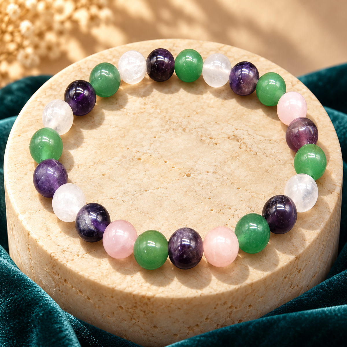 Love, Calm & Harmony Bracelet – Rose Quartz, Amethyst, Green Aventurine & Moonstone, 8mm with Lab Report | GemKrishna