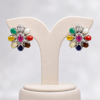Natural Navratan 925 Sterling Silver Stud Earrings (Balance & Positive Energy)