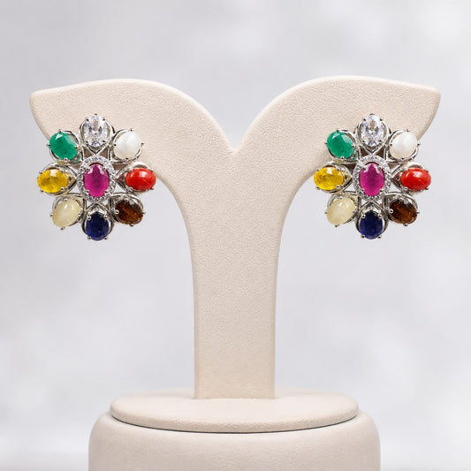 Natural Navratan 925 Sterling Silver Stud Earrings (Balance & Positive Energy)