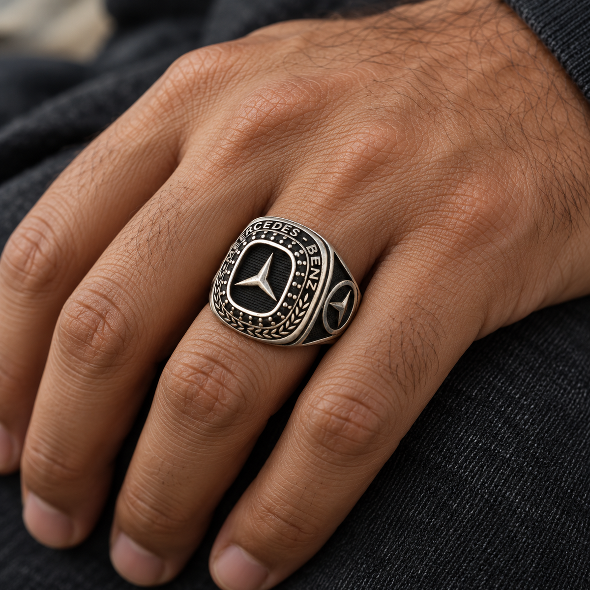 925 Sterling Silver Benz Emblem Ring, 10.10 g, Black Detail for Men