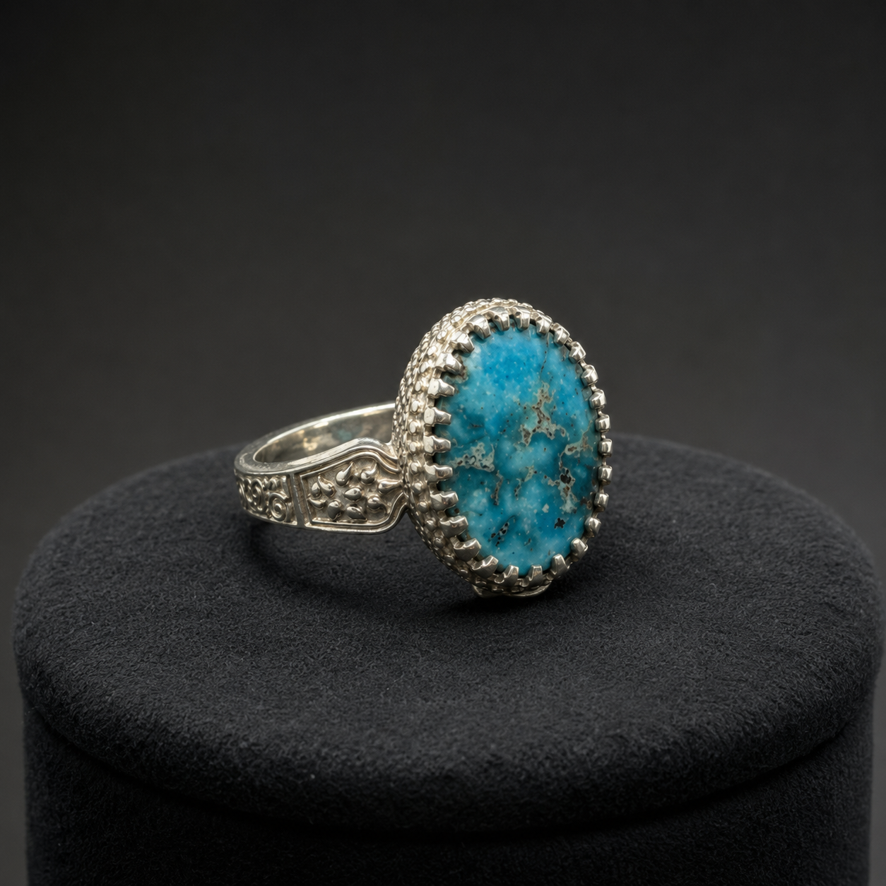 Ornate Oval Turquoise Statement Ring (Protection & Communication) (6.87 Gram)