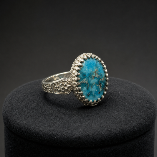Ornate Oval Turquoise Statement Ring (Protection & Communication) (6.87 Gram)