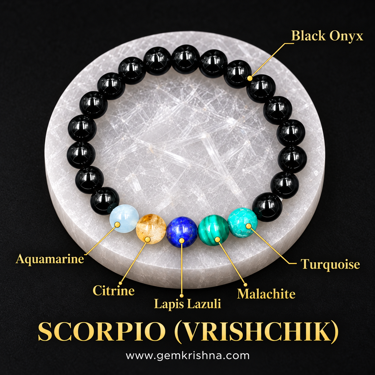 Scorpio (Vrishchik) Zodiac Bracelet – 6 Natural Stones: Black Onyx, Aquamarine, Citrine, Lapis Lazuli, Malachite & Turquoise