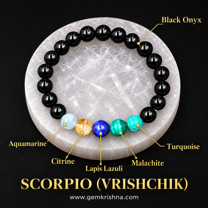 Scorpio (Vrishchik) Zodiac Bracelet – 6 Natural Stones: Black Onyx, Aquamarine, Citrine, Lapis Lazuli, Malachite & Turquoise