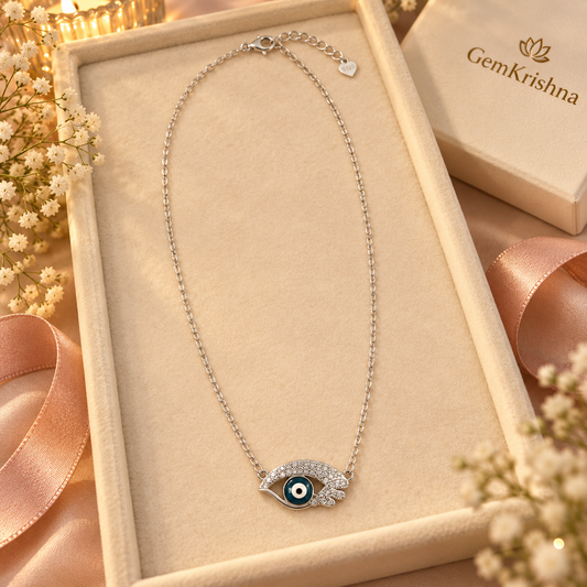 925 Sterling Silver Evil Eye Necklace with Moissanite – Hallmarked Nazar Pendant (3 g)